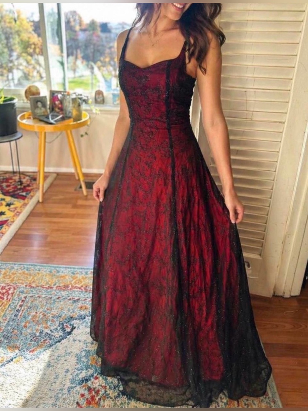 Elegant Burgundy and Black Beaded Maxi Dress with Spaghetti Straps